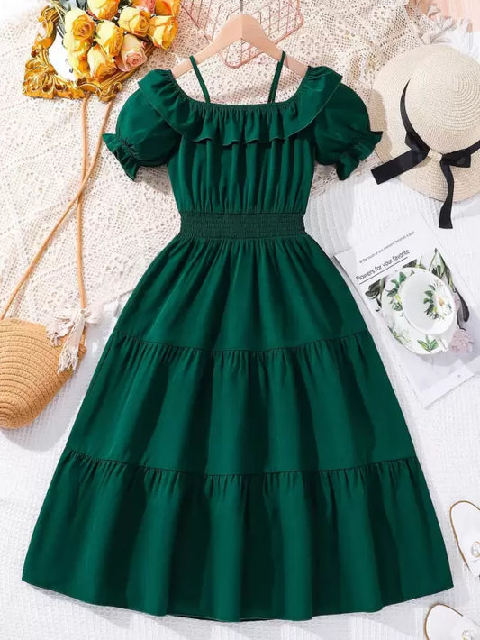 Girls Midi/Knee Length Casual Dress  (Green, Short Sleeve)