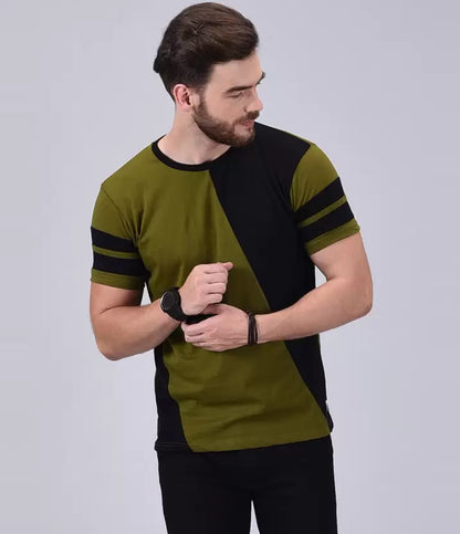 Men Colorblock Round Neck Pure Cotton Green, Black T-Shirt