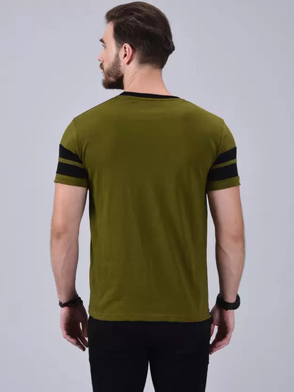 Men Colorblock Round Neck Pure Cotton Green, Black T-Shirt