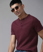 Men Self Design Henley Neck Cotton Blend Maroon T-Shirt