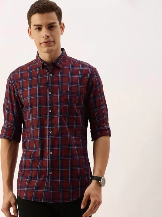 Men Slim Fit Checkered Spread Collar Casual Shirt