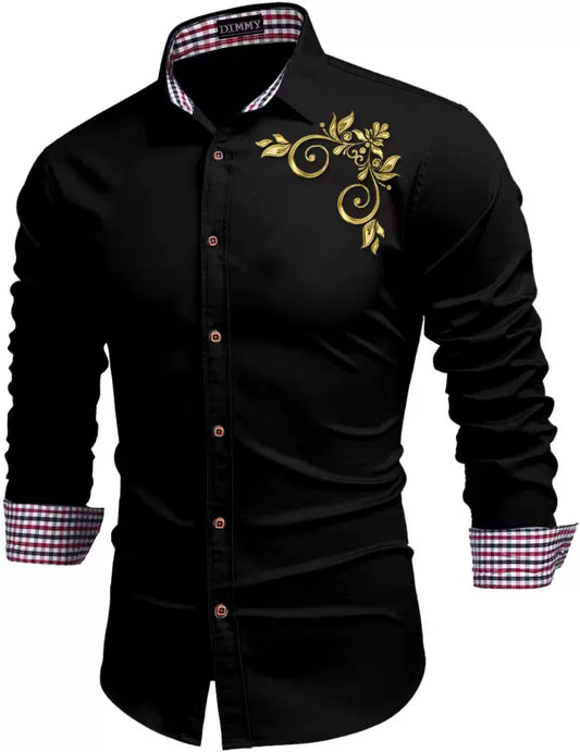 Men Slim Fit Solid Button Down Collar Casual Shirt Black