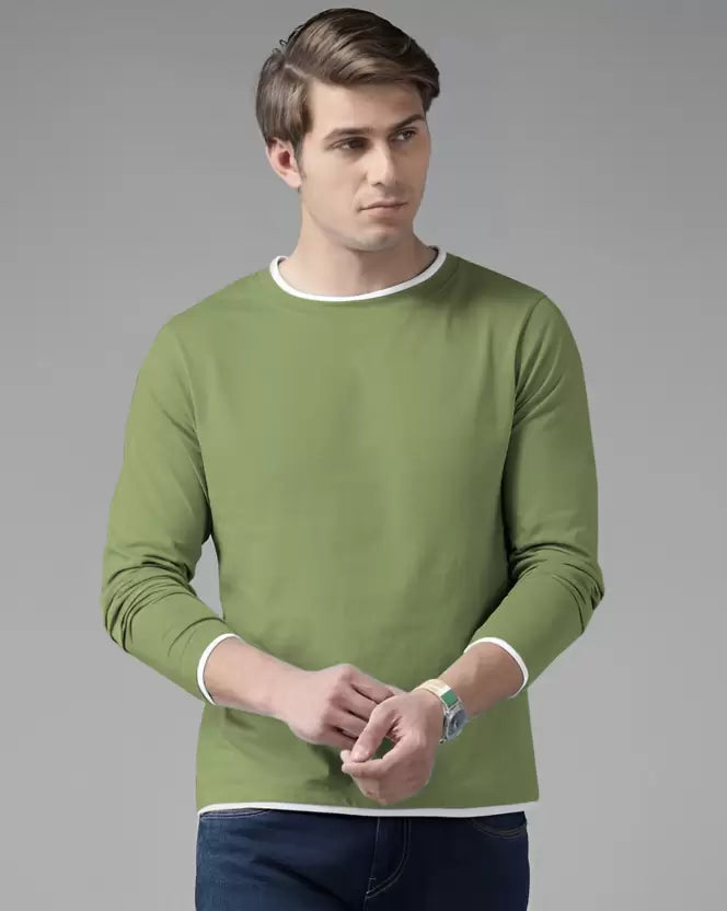 Men Solid Round Neck Cotton Blend Green, White T-Shirt