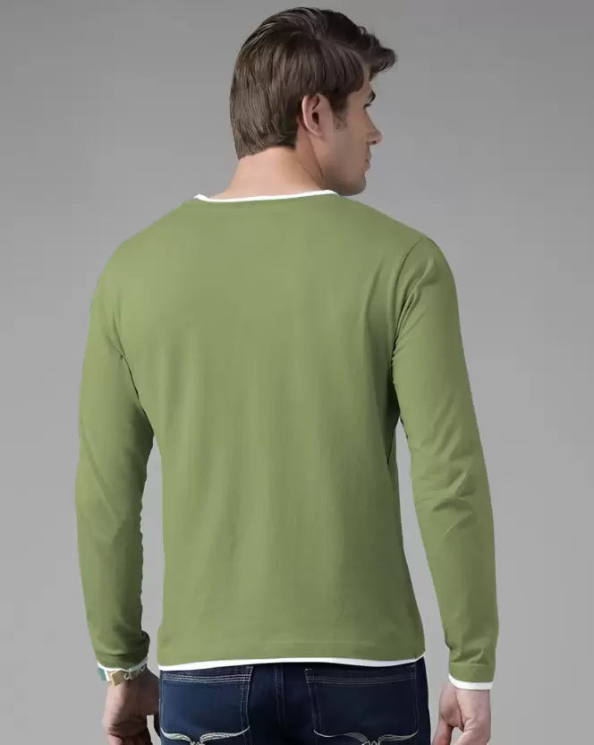 Men Solid Round Neck Cotton Blend Green, White T-Shirt