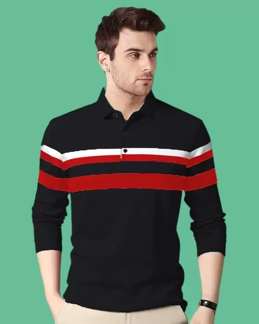 Men Striped Polo Neck Poly Cotton black and red T-Shirt