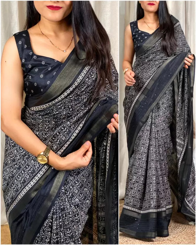 Printed Kalamkari Cotton Silk Saree  (Black)