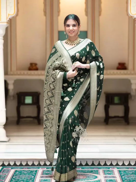 Self Design Banarasi Cotton Silk, Jacquard Saree  (Green)