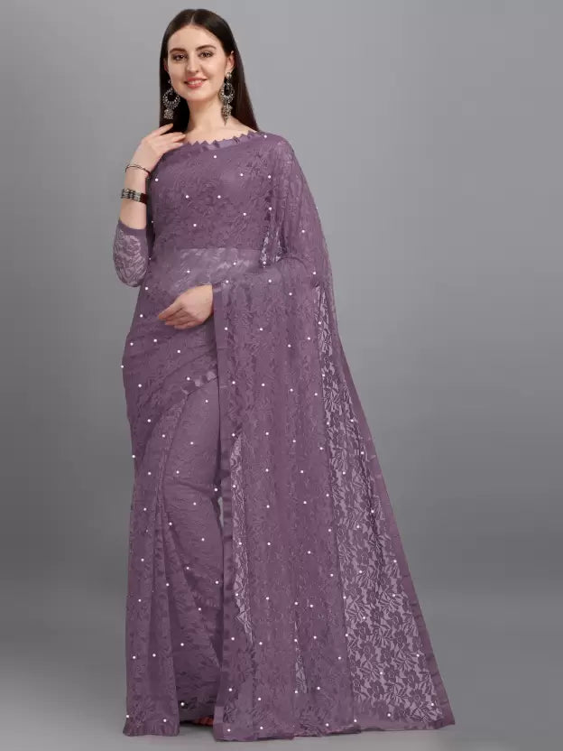 Self Design Bollywood Net Saree  (Purple)