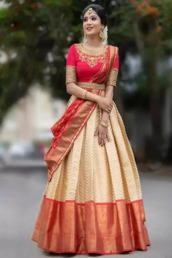 Self Design Semi Stitched Lehenga Choli  (Beige, Red)