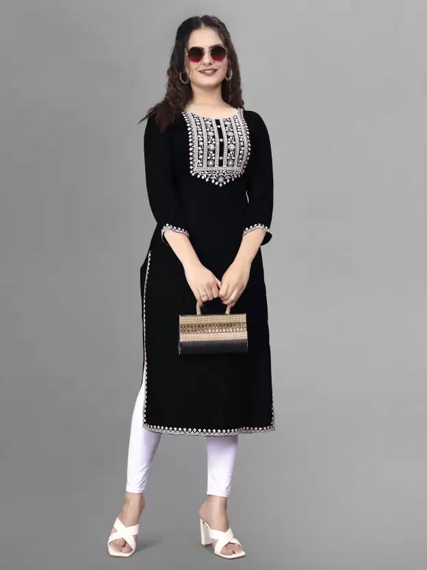 Women Embroidered  A-line Kurta  (Black, White)