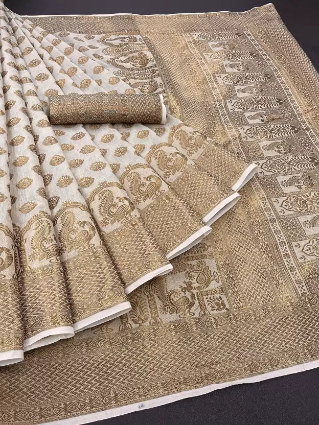 Cream color Pure Silk, Cotton Silk Saree