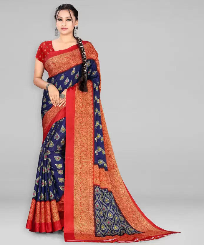 Printed Daily Wear Crepe Saree  (Blue, Red)