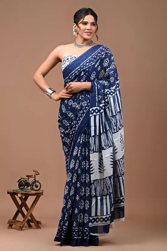 Printed, Color Block, Blocked Printed, Floral Print,  Cotton Saree  (Blue)